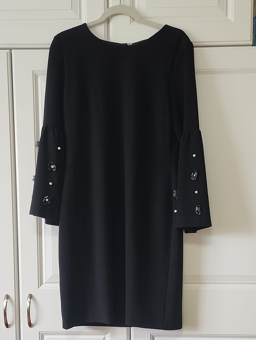 Karl Lagerfeld Black Long Sleeve Shift Dress with Pearl & Floral Sleeve Accents